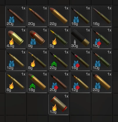A picture of all armor piercing ammunition in STALCRAFT, 10mm Inc does not have armor AP ;-;